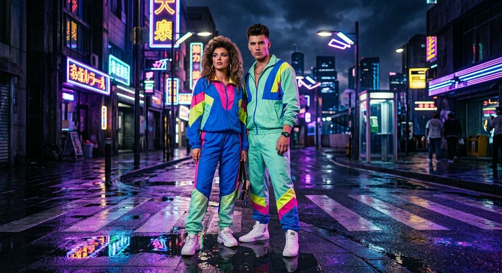 Couple in neon colour-blocked retro tracksuits on a glowing synthwave city street at night