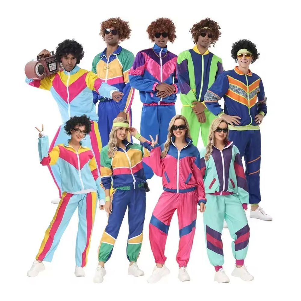 Multiple models wearing the NEON ERA retro disco tracksuit in bright 80s colourways