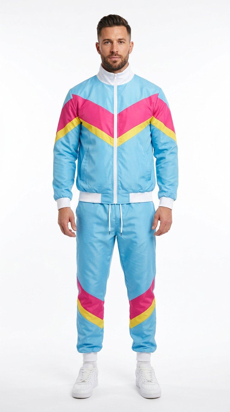 80s retro disco tracksuit in light blue, hot pink and yellow