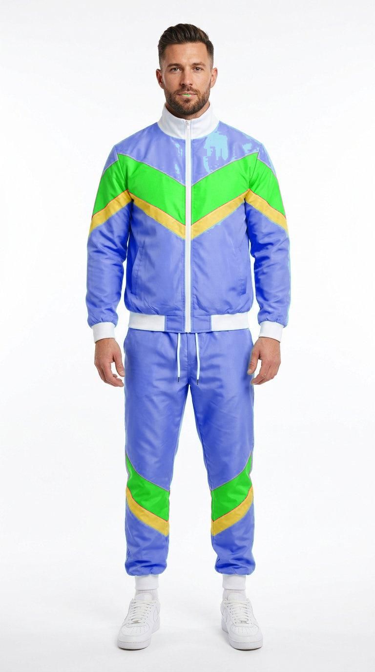 80s retro disco tracksuit in royal blue, neon green and gold