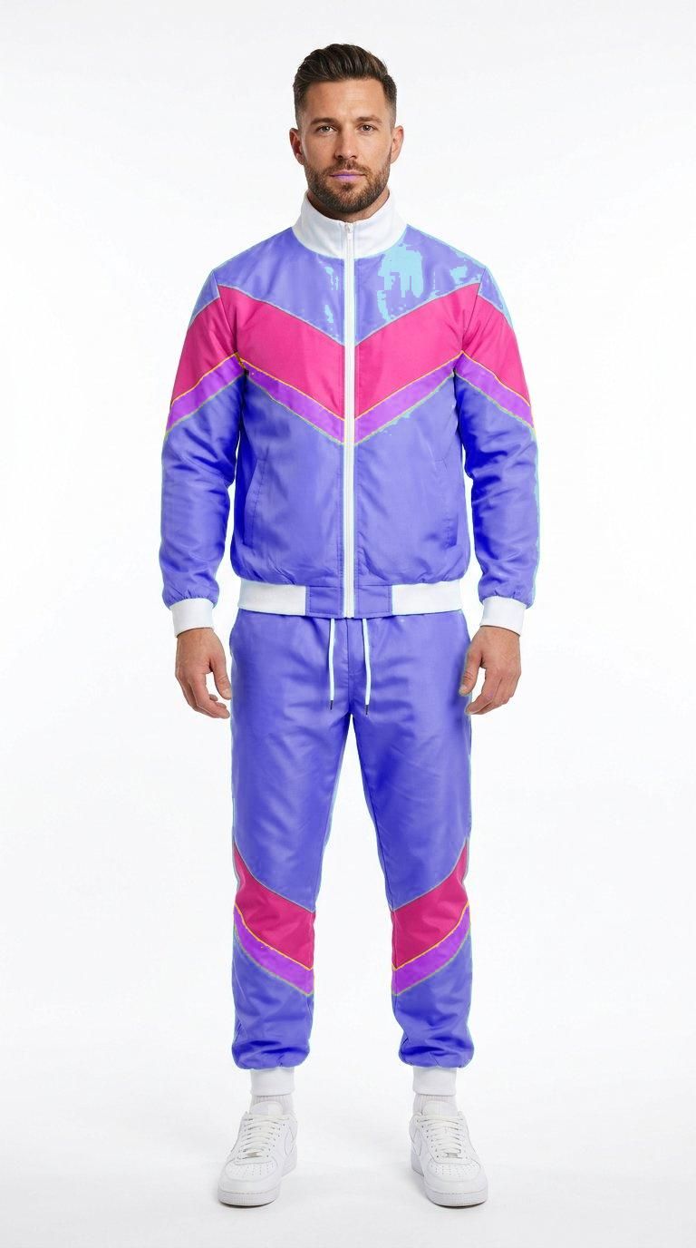 80s retro disco tracksuit in navy blue, hot pink and purple